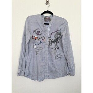 Desigual Pinstripe Sequin Embroidered Shirt Blue Roll Tab Y2k Vintage Size Small